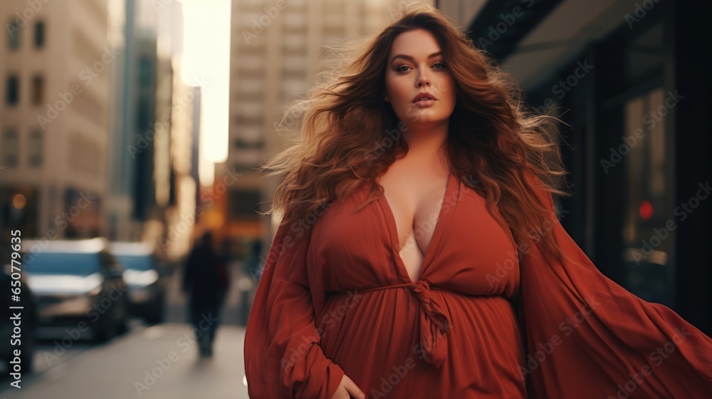 Stylish chic plus size woman against the backdrop of a blurred city Stylish chic plus size woman against the backdrop of a blurred city