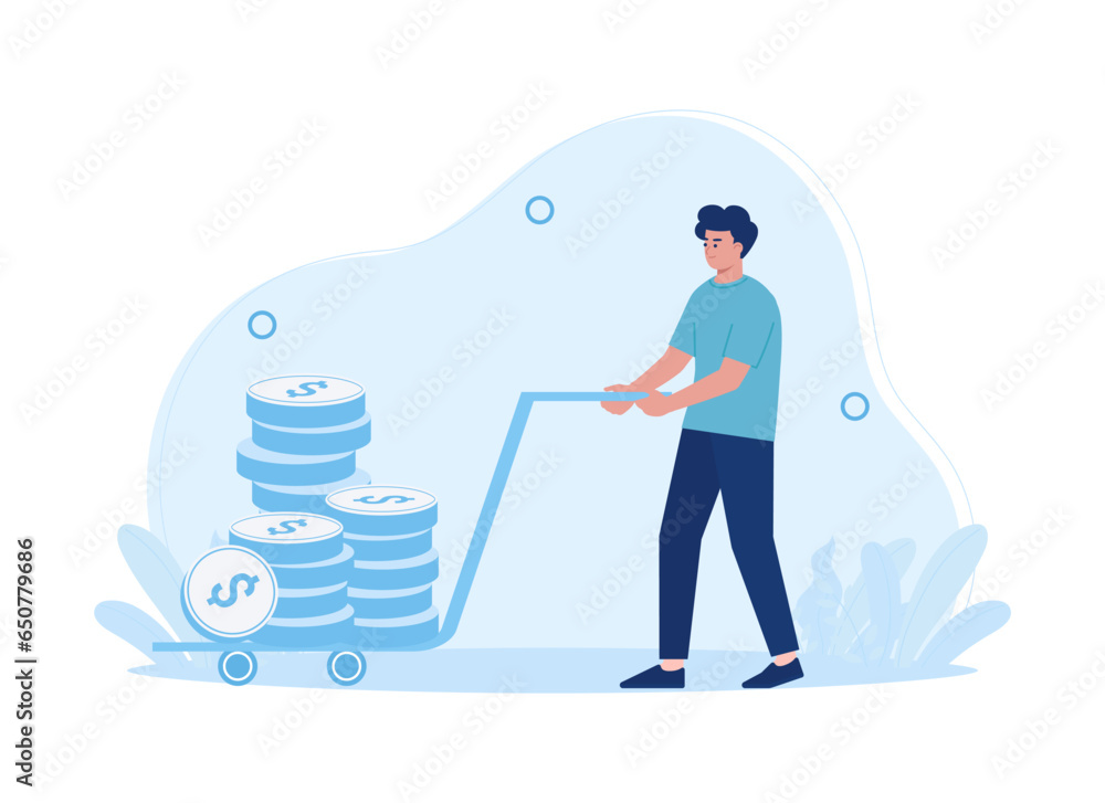 A man push cart full of gold coins concept flat illustration A man push cart full of gold coins concept flat illustration