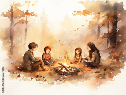 A Minimal Watercolor of a Family Sharing Tales Around an Autumn Campfire
