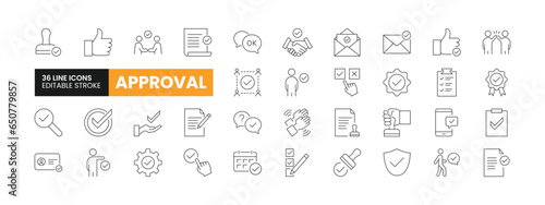 Set of 36 Approval line icons set. Approval outline icons with editable stroke collection. Includes Validation, Agreement, Approval, Stamp, Document Approval, and More.