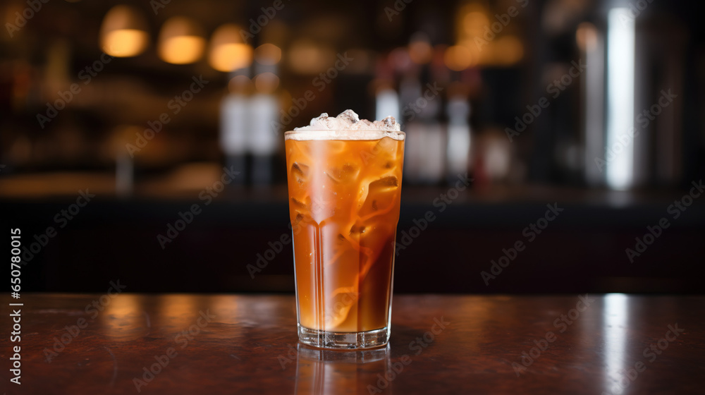 Thai Iced Tea - A refreshing glass of brown liquid filled with ice cubes, served in a classic pint glass at the bar, invites guests to indulge in the sweet and zesty flavors of an alcoholic cocktail Thai Iced Tea - A refreshing glass of brown liquid filled with ice cubes, served in a classic pint glass at the bar, invites guests to indulge in the sweet and zesty flavors of an alcoholic cocktail