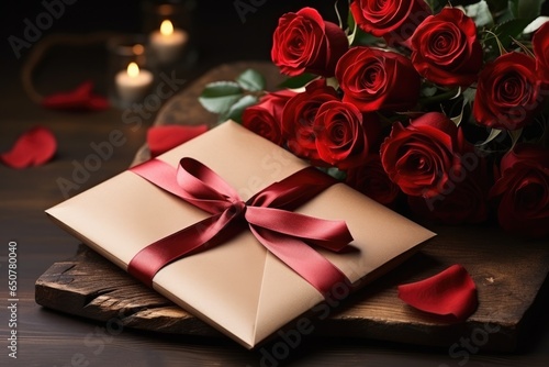 Bouquet of red roses and gift with ribbons on wooden table, close up. Wedding or Valentine's Day celebration