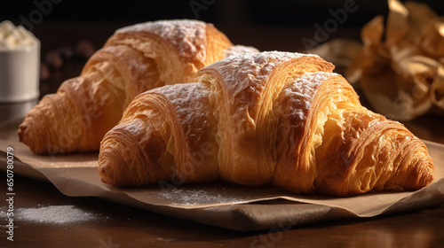 Croissant - This close-up of a delicious assortment of freshly-baked viennoiserie, pastries, breads, and sourdough loaves evokes the inviting aromas and warm atmosphere of a cozy bakery