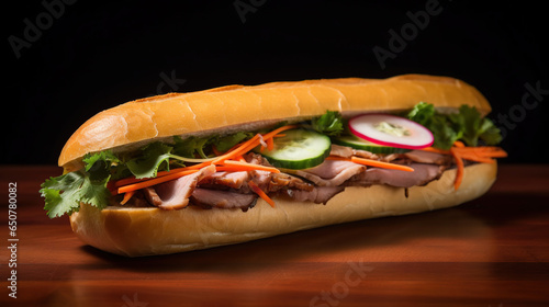 Banh Mi A crusty golden baguette - A mouth-watering bocadillo overflowing with juicy, freshly-grilled meat, crisp lettuce, and vibrant vegetables, temptingly perched atop a warm, toasted bun, invitin photo