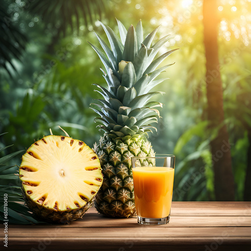 A glass of fresh delicious juice and pineapple fruits on the backdrop of a dawn forest