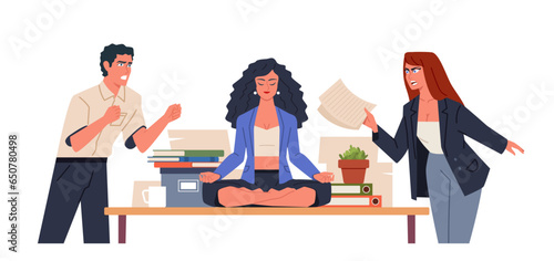Young woman is sitting in a lotus position on a desk in the office while colleagues are shouting at her. Peace and tranquility. Modern flat cartoon illustration isolated on white background
