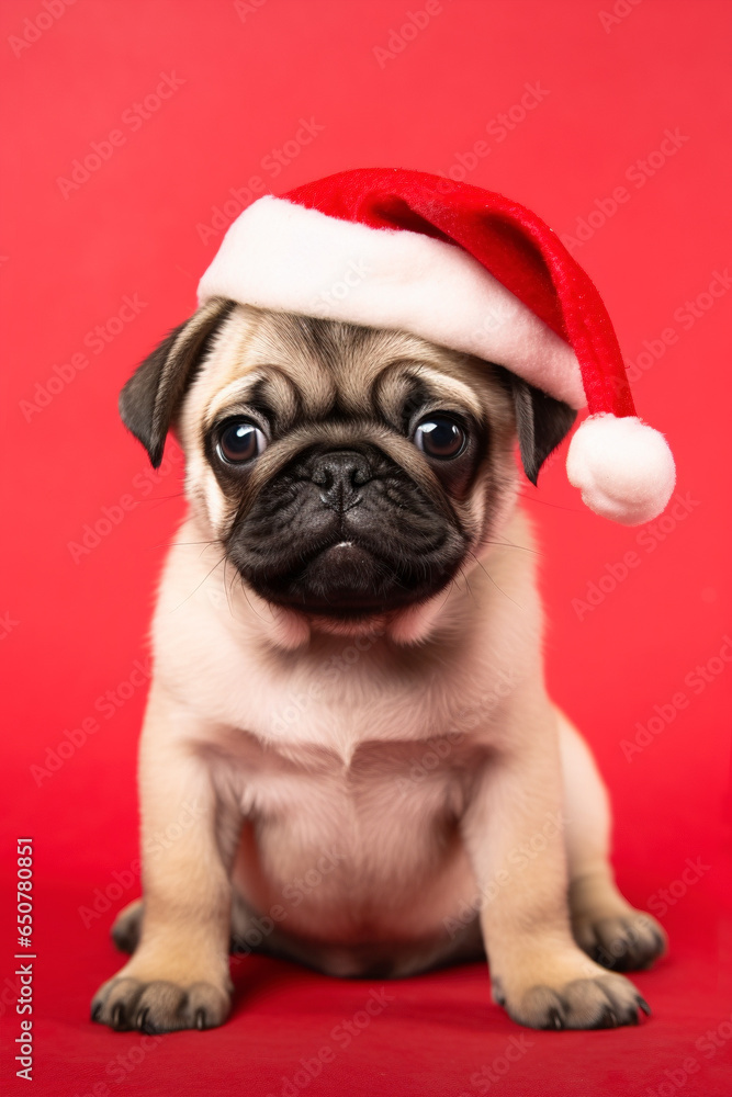 Cute Pug dog with Santa Claus Christmas hat sitting on red background.