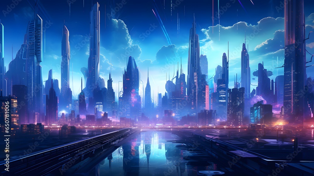 Futuristic city at night. Futuristic city landscape. 3D rendering.