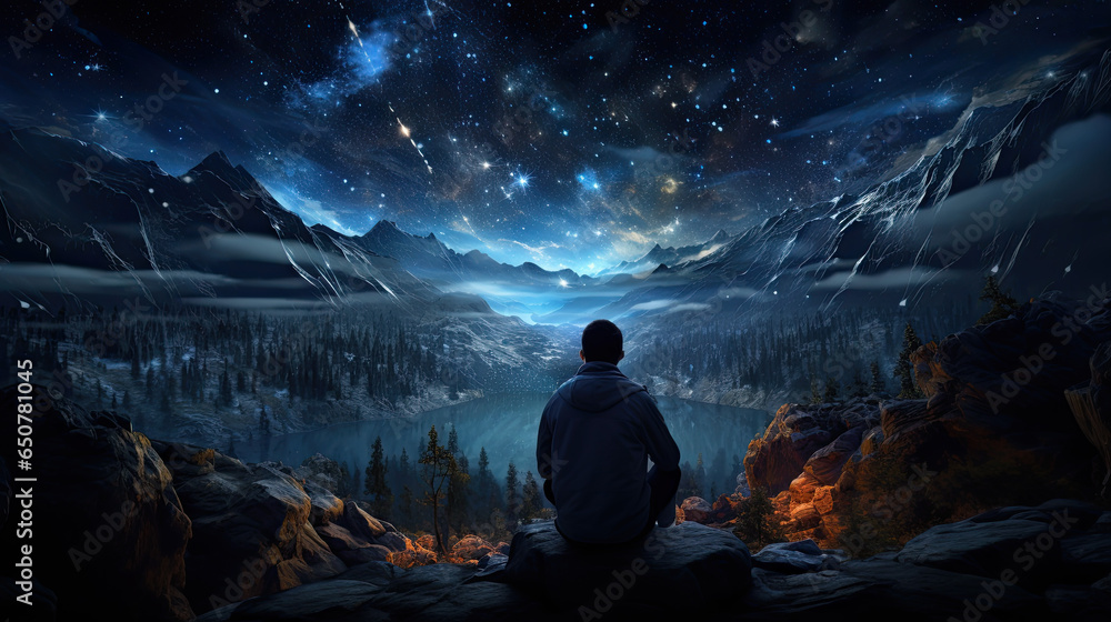 A man sits in a clearing outside in the forest and looks at the stars - obrazy, fototapety, plakaty 