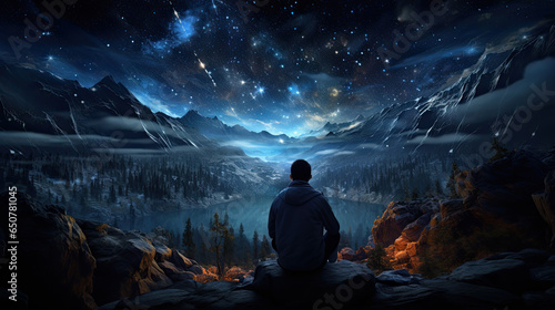 A man sits in a clearing outside in the forest and looks at the stars