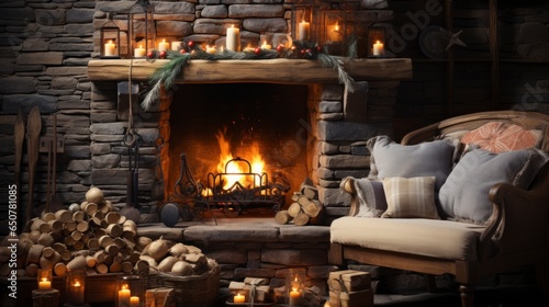 Cozy christmas interior with fireplace and festive decoration