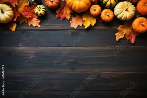 Autumn background with pumpkins, leaves and space for text on wooden board. Generative Ai