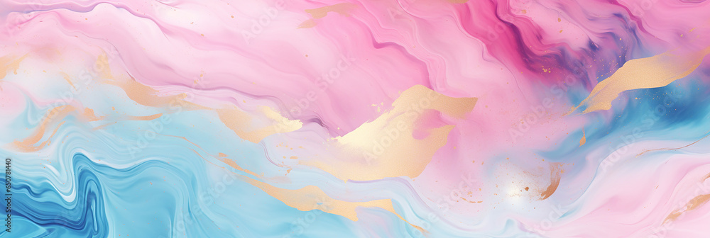 Abstract watercolor paint background illustration web design Soft blue, pink pastel color waves and gold lines with liquid fluid marbled paper texture banner texture