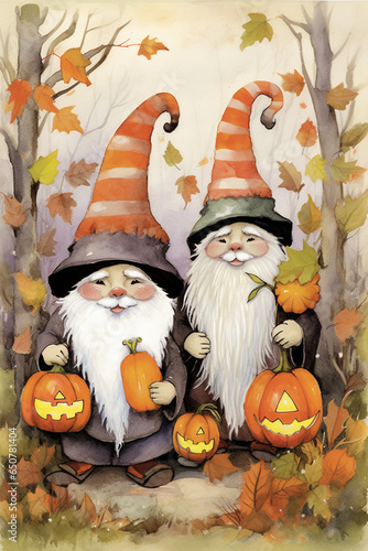 Halloween Gnomes Watercolor Cartoon Postcard