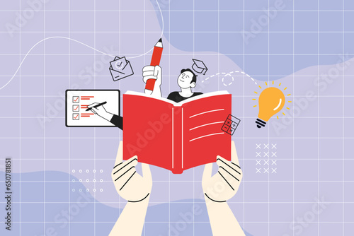 Education vector illustration, learning, reading book, online course and training, back to school.