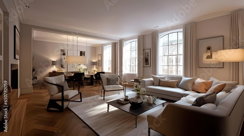 Panorama of living room in luxury house. Panoramic photo.