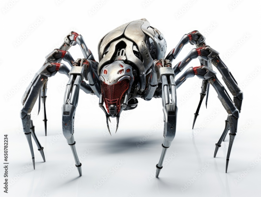 A frightening futuristic killer cyborg spider full body view isolated on white A frightening futuristic killer cyborg spider full body view isolated on white
