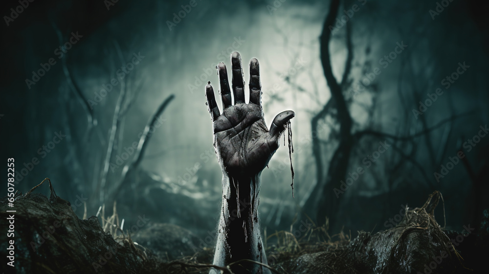 Rising from the Depths, Spooky Zombie Undead Hand Emerges from the Cemetery, Generative AI - obrazy, fototapety, plakaty 