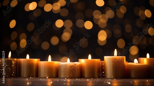 magic of burning candles against a black background, creating a warm and cozy holiday ambiance