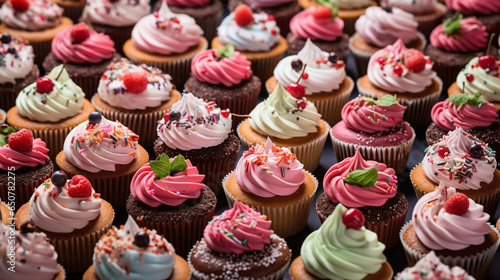 A variety of colorful cupcakes background.