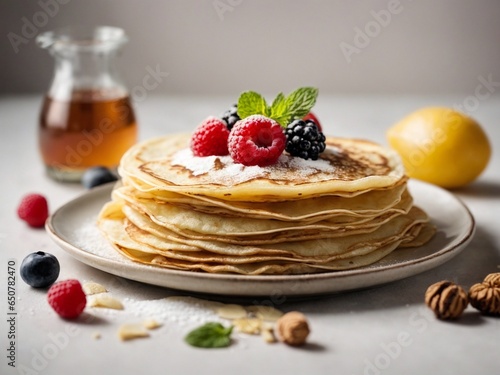 Detailed food photography pancakes, creppes rich textures, isolated