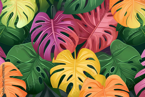 monstera plant colorful leaves pattern repetition on wallpaper background photo