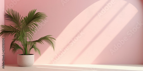 minimal pink wallpaper background with a green plants on the scene, soft light by the window, banner use photo