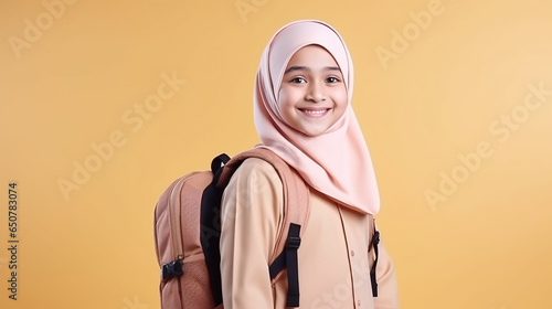 Cutle little muslim girl wearing a school uniform with hijab. photo