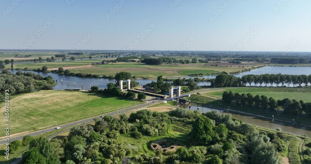 Aerial drone view of Dutch infrastructure, waterways, flood protection, engineering marvels, motorways, shipping, and road transportation in The Netherlands Aerial drone view of Dutch infrastructure, waterways, flood protection, engineering marvels, motorways, shipping, and road transportation in The Netherlands