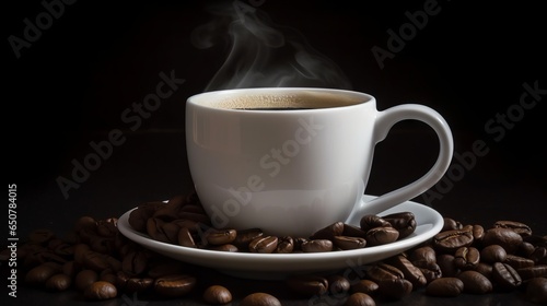 a cup of coffee with coffee beans near the cup background image