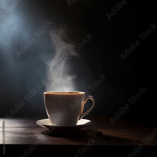 a cup of coffee on a table with black background