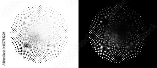 Circle with halftone black dots as advertising background or logo or icon. A black figure on a white background and an equally white figure on the black side.