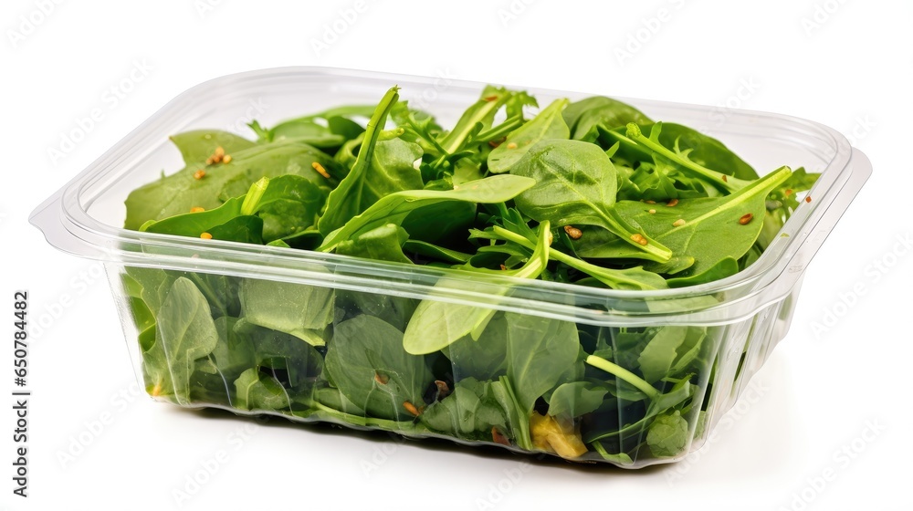 A delectable spinach salad in clear packaging, offering both freshness and convenience. A delectable spinach salad in clear packaging, offering both freshness and convenience.