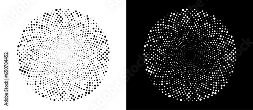 Circle with halftone black dots as advertising background or logo or icon. A black figure on a white background and an equally white figure on the black side.