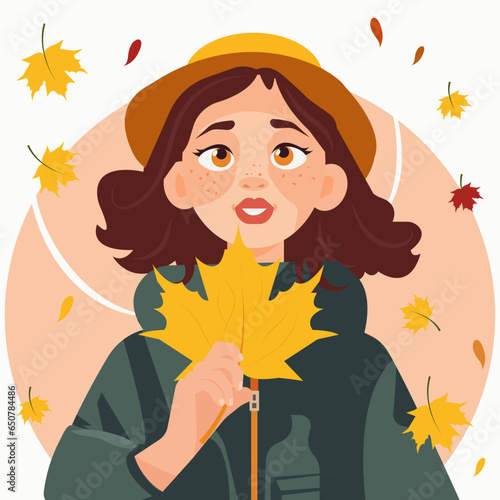 Vector flat cartoon illustration, a red-haired girl with freckles on her face looks at the fallen yellow leaves. Autumn season.
