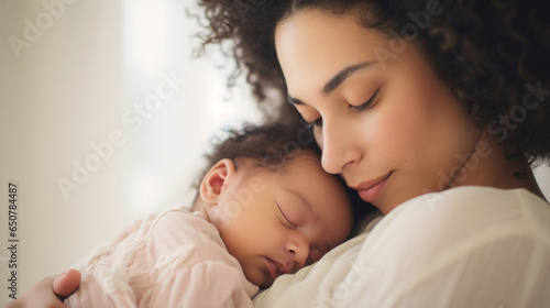 Mother holding a newborn baby in her arms. Young woman cuddling her sleeping baby