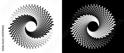 Abstract background with rectangles in circle. Art design spiral as logo or icon. A black figure on a white background and an equally white figure on the black side.