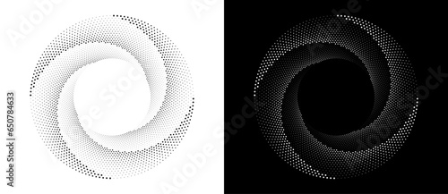 Abstract background with dots in circle. Art design spiral as logo or icon. A black figure on a white background and an equally white figure on the black side.