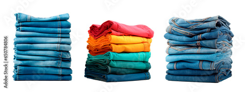 Three piles of blue and colorful jeans over isolated white transparent background