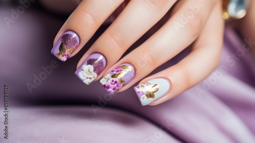 Beautiful manicure. Long almond shaped nails. Nail design. Manicure with gel polish. Close-up of the hand of a young woman with a gentle manicure on her nails. Bright nails with gel polish.
