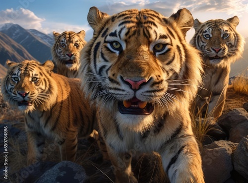 A group of tigers with fangs