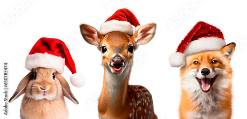 Adorable bunny, reindeer and fox headshot portraits wearing Christmas hats. Isolated on white transparent background