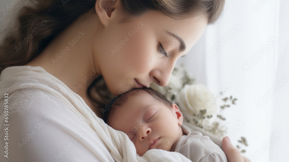 Mother holding a newborn baby in her arms. Young woman cuddling her sleeping baby Mother holding a newborn baby in her arms. Young woman cuddling her sleeping baby