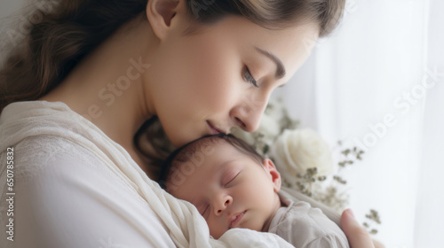 Mother holding a newborn baby in her arms. Young woman cuddling her sleeping baby
