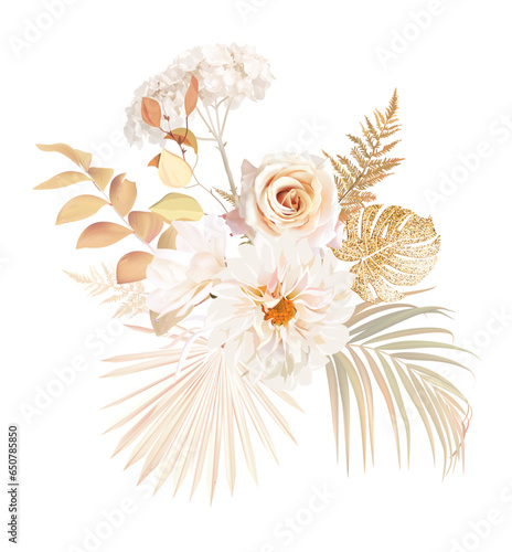 Gold, rust, beige, white flowers, rose, dahlia, magnolia, hydrangea flower, pampas grass, fern, dried palm leaves