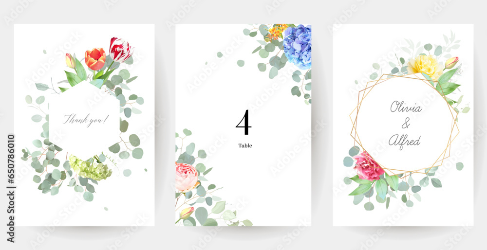 Colorful tulips, blue hyacinth, green hydrangea, pink and yellow rose, magenta carnation vector design invitation frames