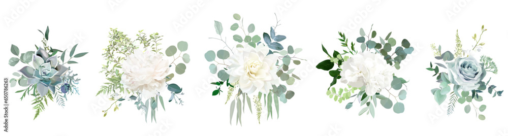 Silver sage green, mint, blue, white flowers vector design spring bouquets. Peony, rose, dahlia, hydrangea, succulent - obrazy, fototapety, plakaty 