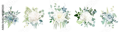 Silver sage green, mint, blue, white flowers vector design spring bouquets. Peony, rose, dahlia, hydrangea, succulent