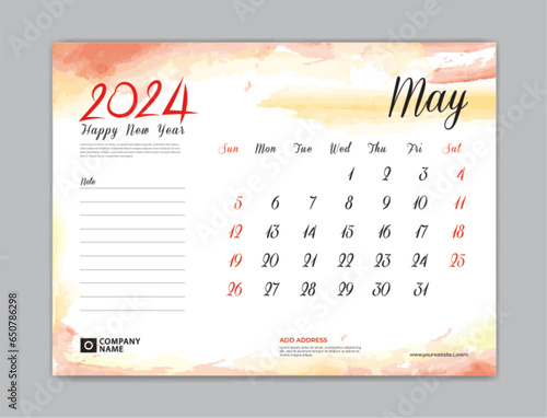 Calendar 2024 template, Desk Calendar 2024 template, May 2024, week start on sunday, Wall calendar, planner, stationery, Printing template, organizer office, Red watercolor background, vector