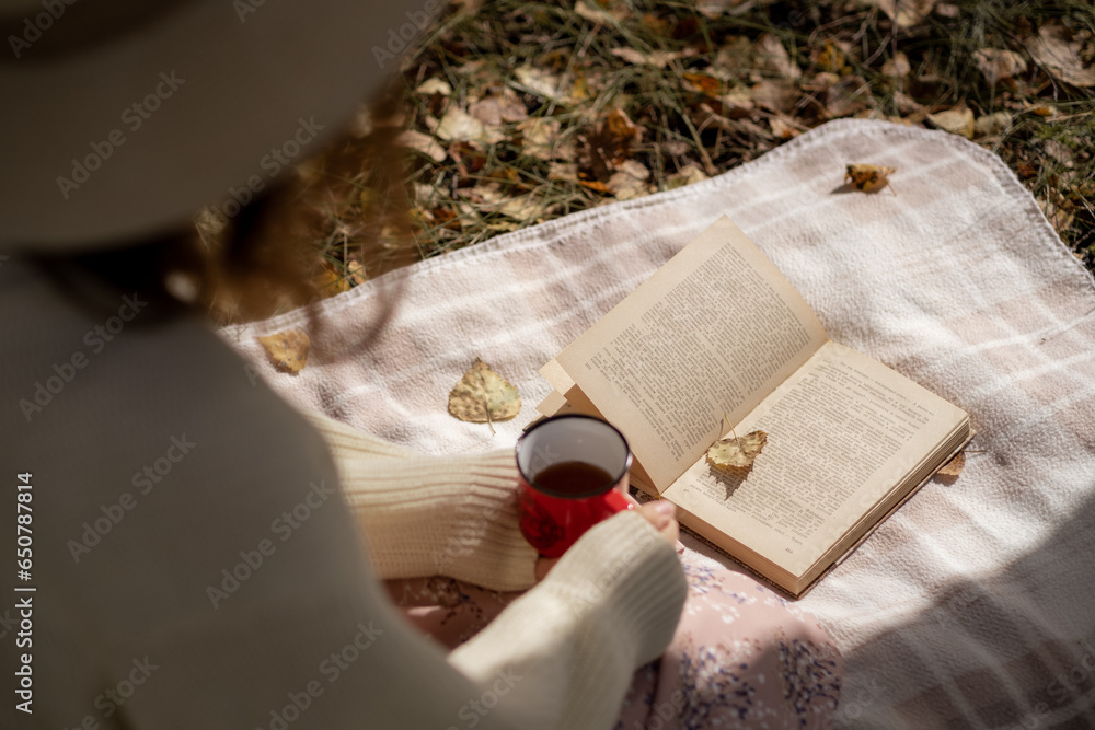 Fotobehang Chocoladebruin A young beautiful woman in a dress and a round hat reads a book outdoors in the forest and drinks tea. Romantic and vintage photo of a beautiful girl. Reading and relaxation #650787814